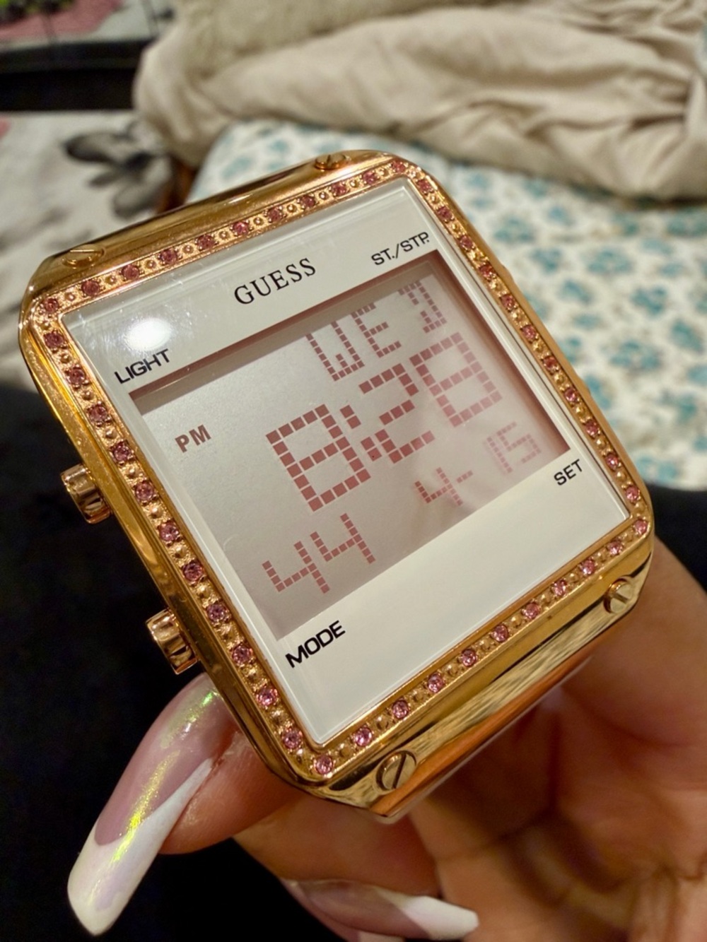 GUESS Gold Tone Digital Watch with Pink Crystal Bezel 44mm